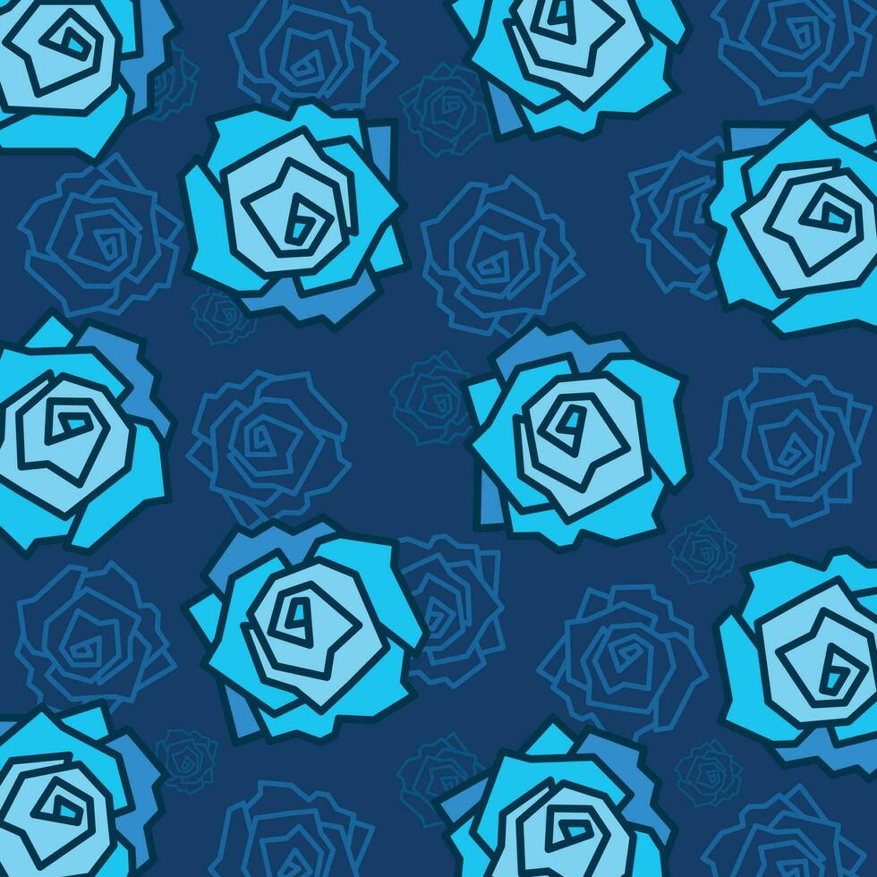 Blue rose petals vector pattern illustration isolated on dark blue square template background. Simple flat minimalist cartoon art styled drawings.