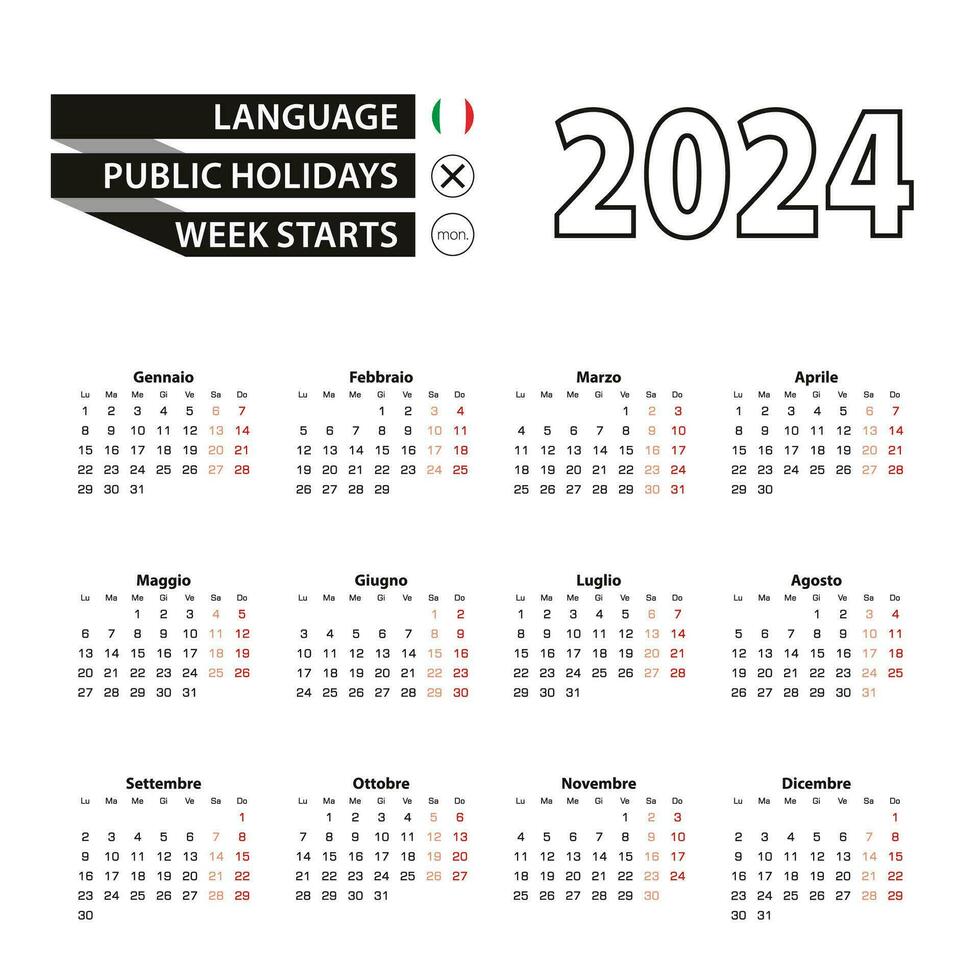 Calendar 2024 in Italian language, week starts on Monday. vector