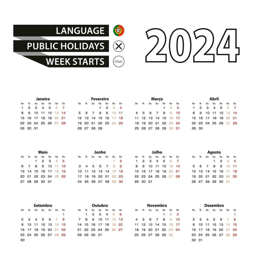 Calendar 2024 in Portuguese language, week starts on Monday. vector