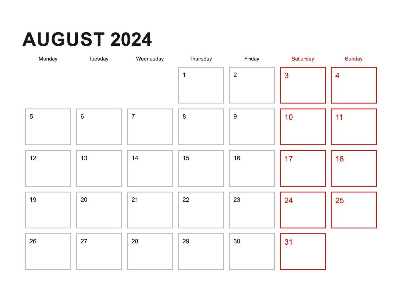 Wall planner for August 2024 in English language, week starts in Monday. vector