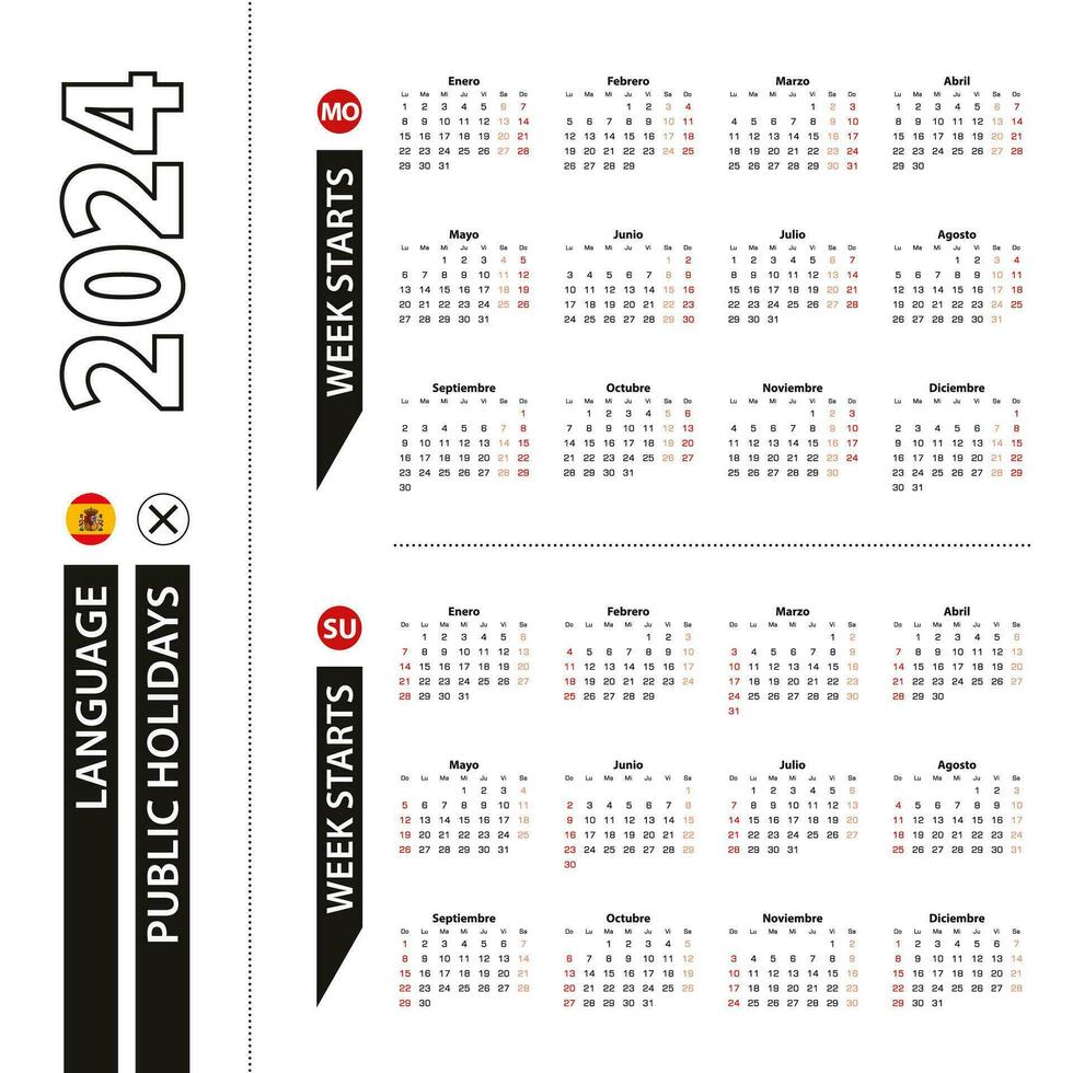 Two versions of 2024 calendar in Spanish, week starts from Monday and week starts from Sunday. vector
