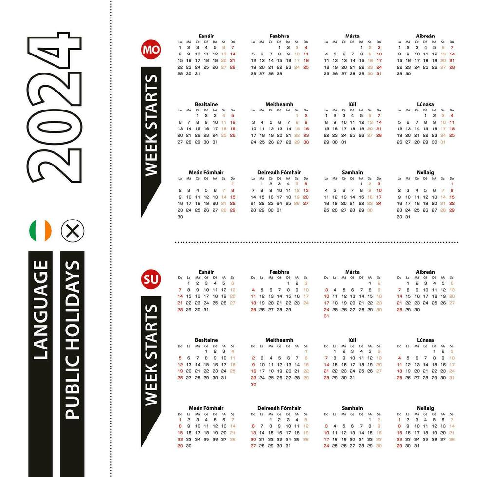 Two versions of 2024 calendar in Irish, week starts from Monday and week starts from Sunday. vector