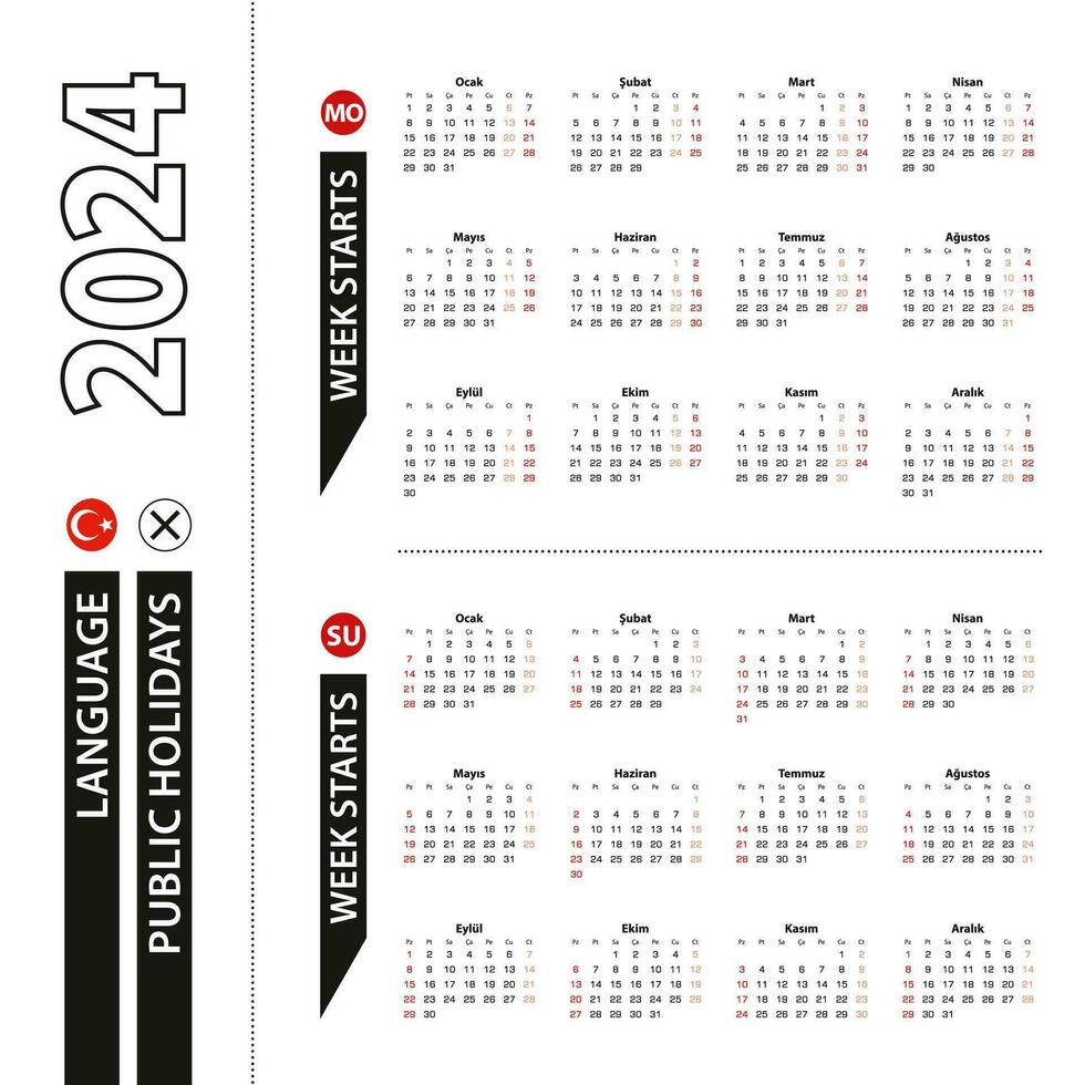 Two versions of 2024 calendar in Turkish, week starts from Monday and week starts from Sunday. vector