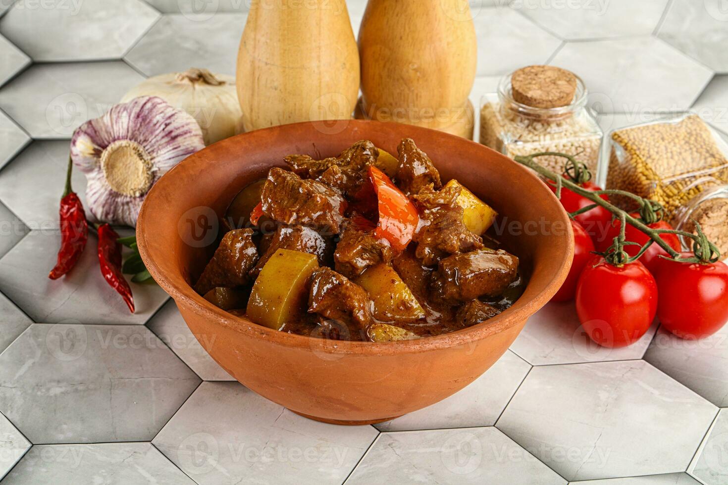 Homemade beef hungarian goulash with potato photo