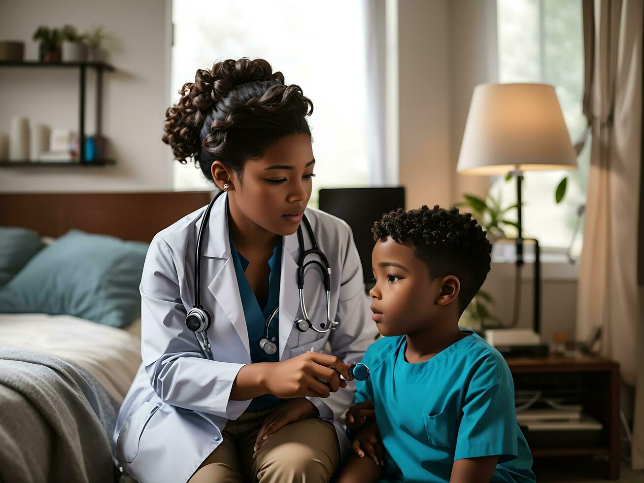 Black female doctor examining small boy with a stethoscope during home visit due to COVID-19 pandemic. AI Generative photo