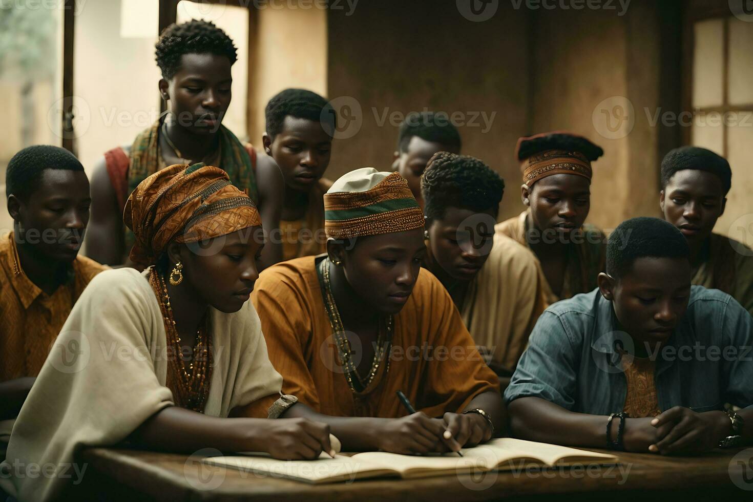 Study group of African people in the university library. AI Generative photo