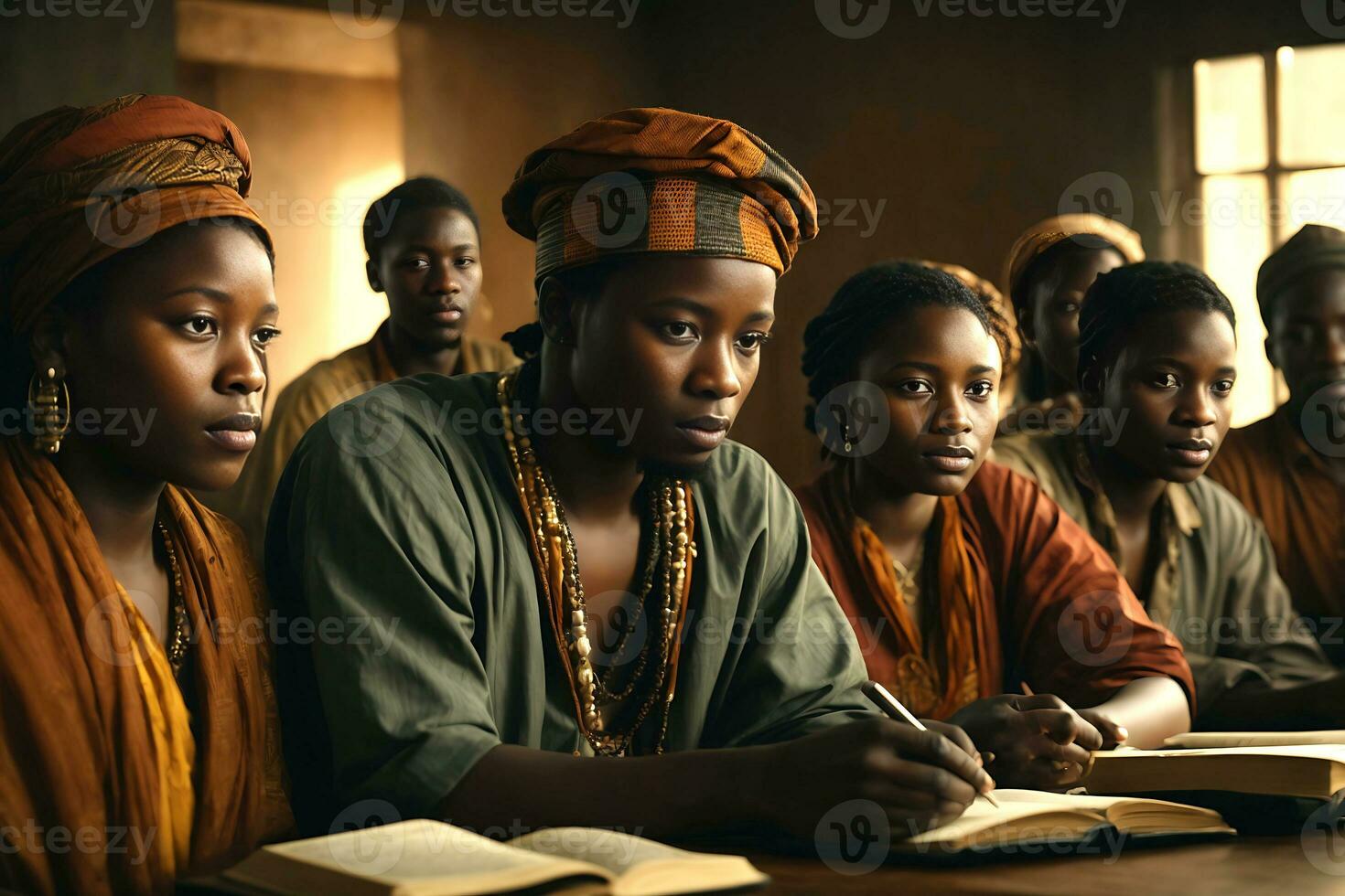 Study group of African people in the university library. AI Generative photo