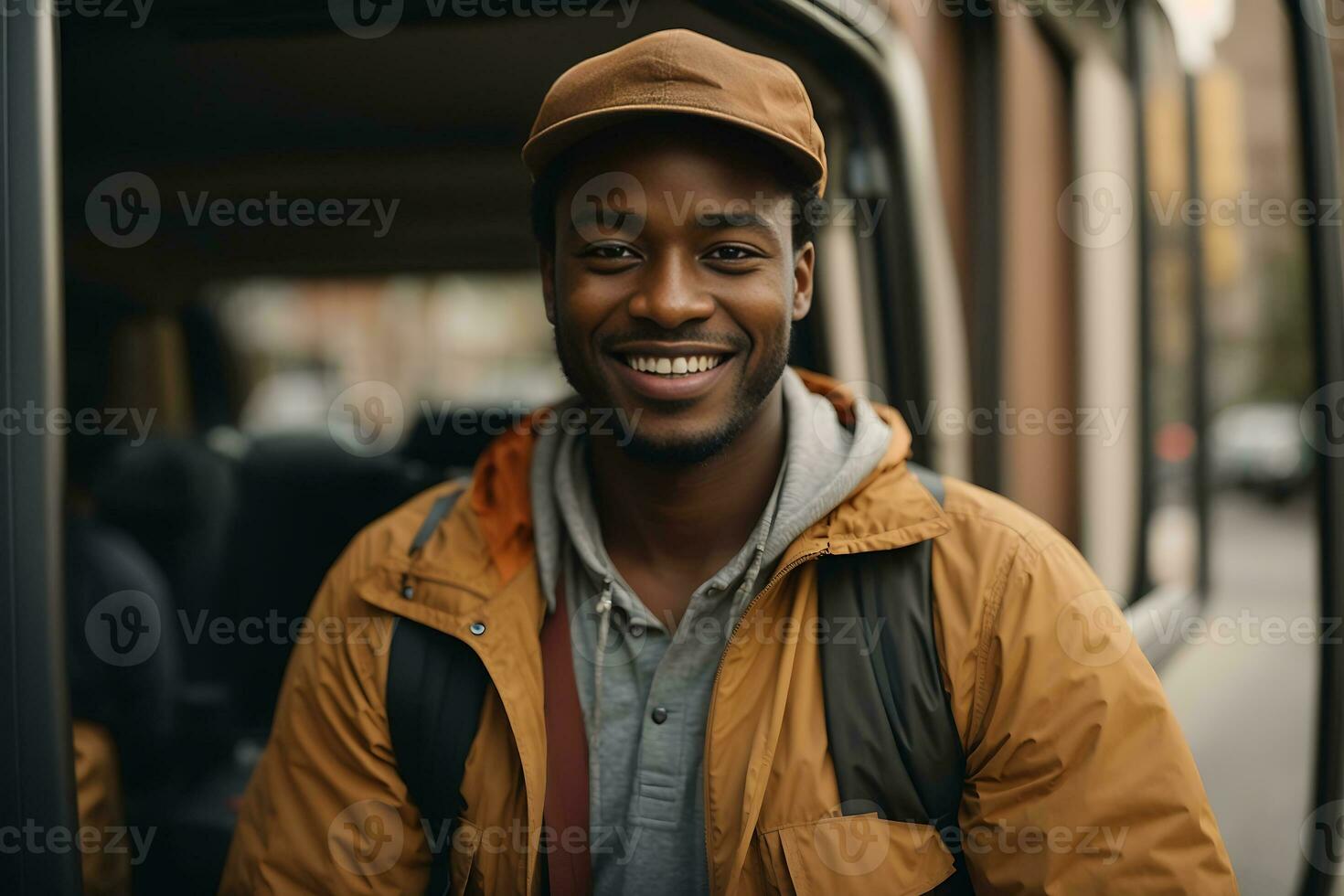 Portrait of happy black courier delivering packages and looking at the camera. AI Generative photo