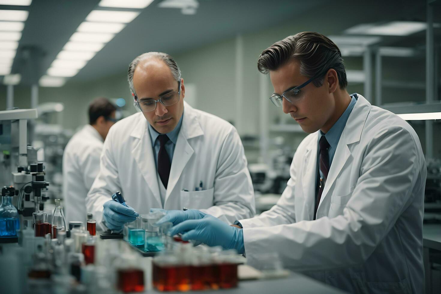 American scientific researcher with young scientist working in modern laboratory. AI Generative photo