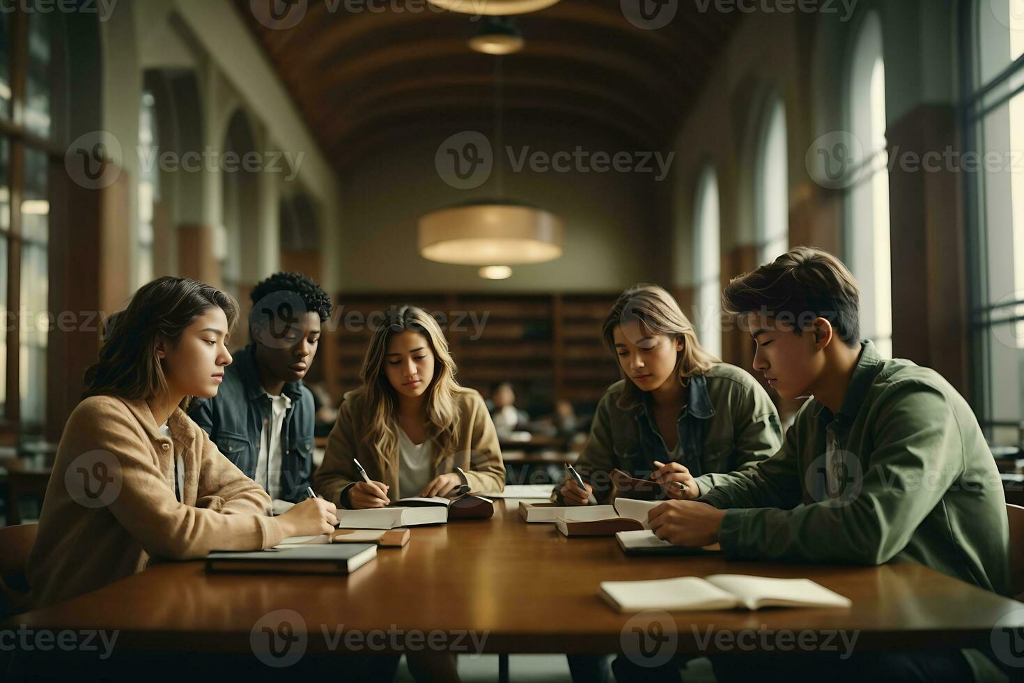 Study group of American people on university library. AI Generative photo