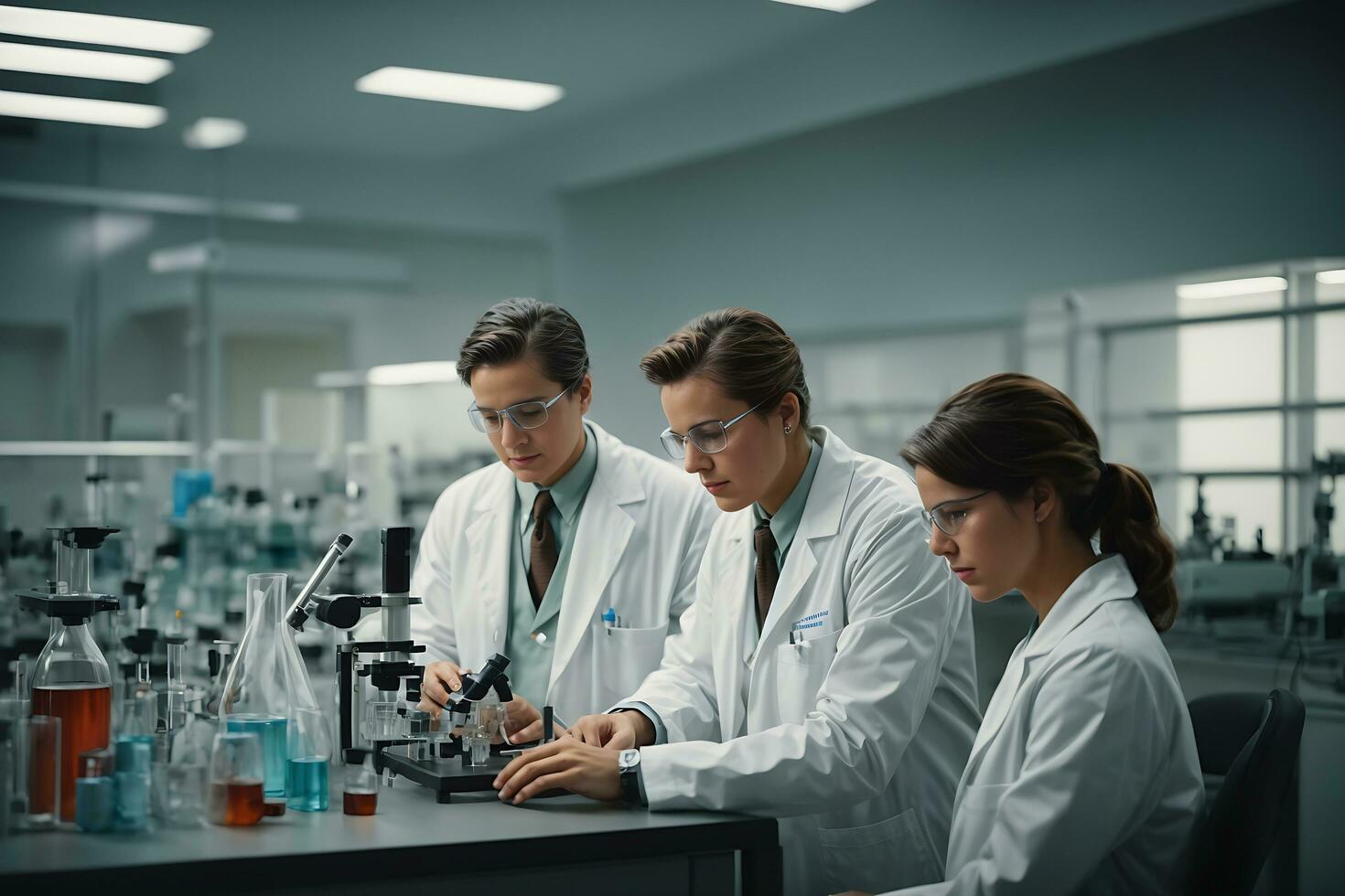American scientific researcher with young scientist working in modern laboratory. AI Generative photo
