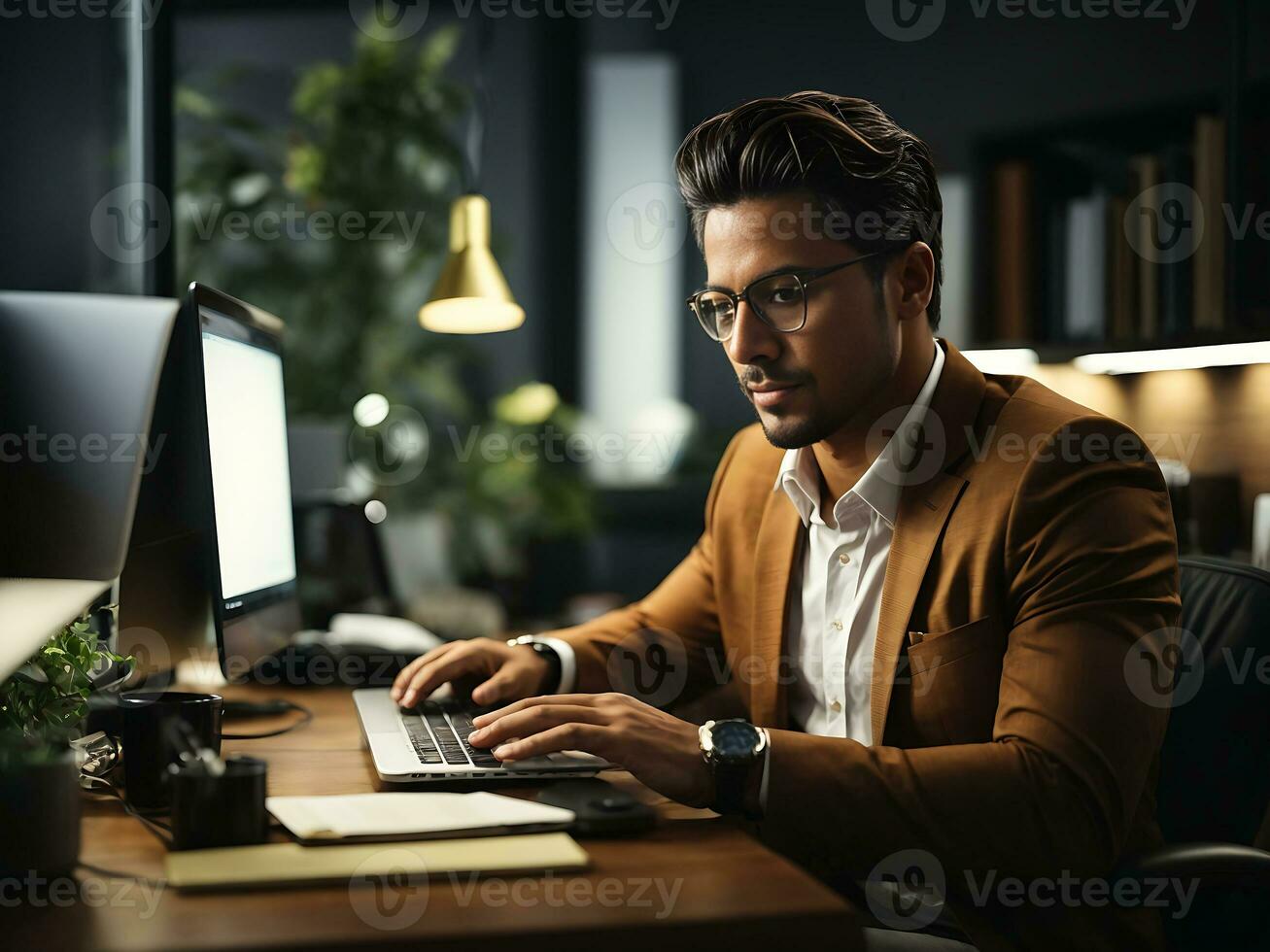 Mature male entrepreneur using laptop and thinking, looking aside while sitting at workplace in office, free space. AI Generative photo