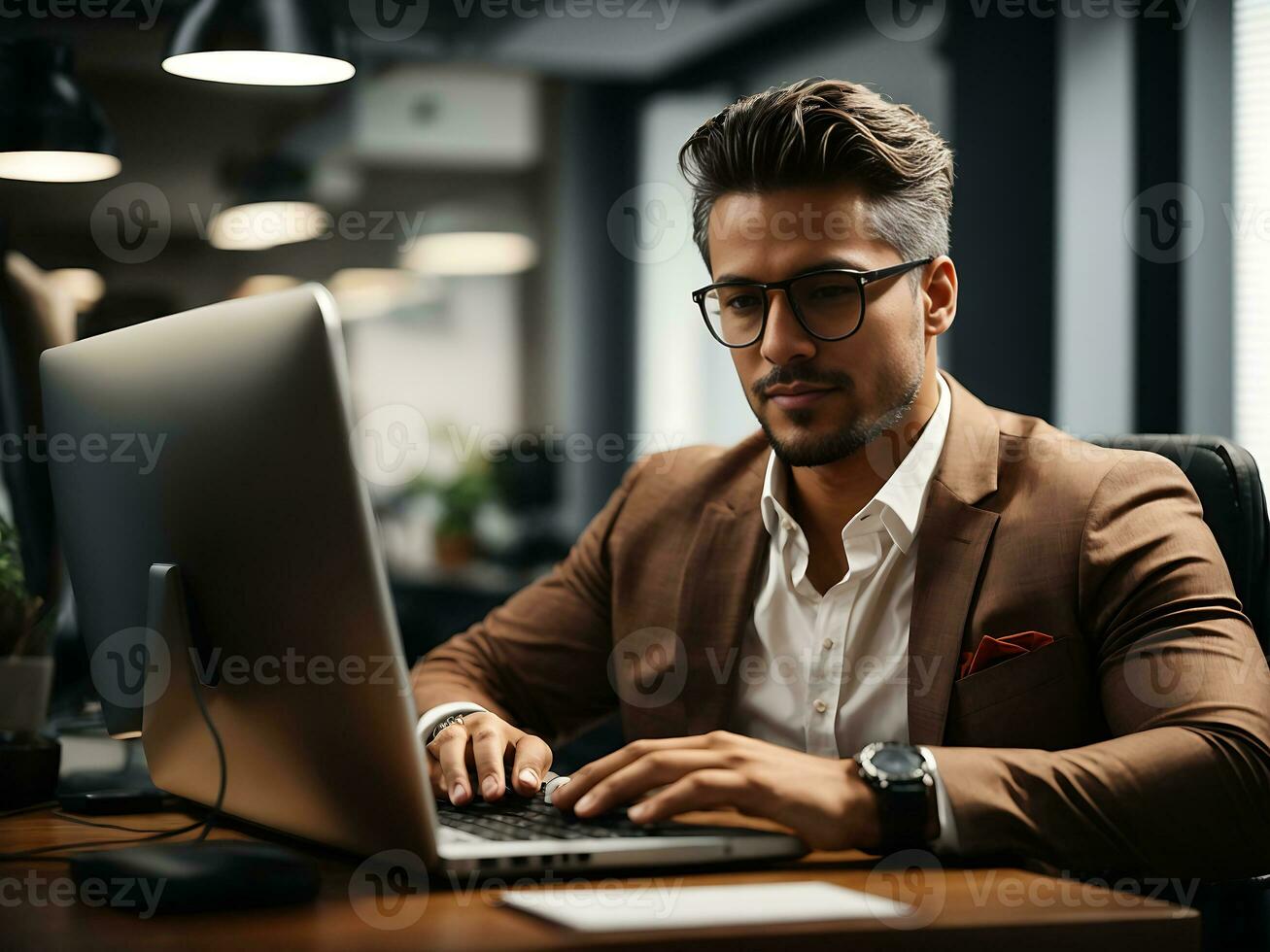 Mature male entrepreneur using laptop and thinking, looking aside while sitting at workplace in office, free space. AI Generative photo