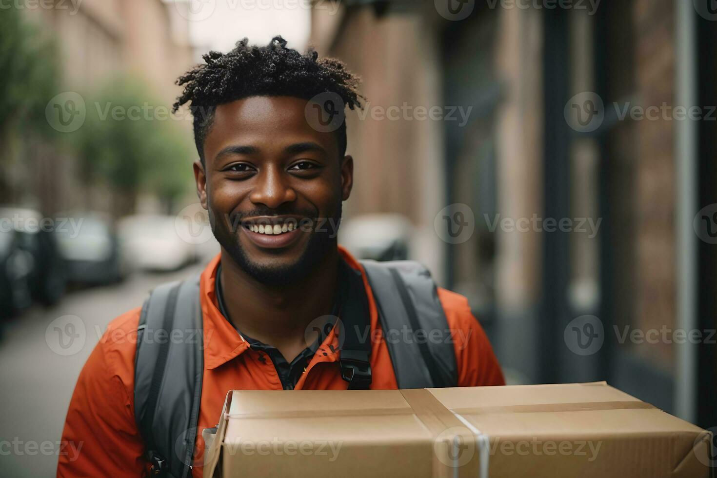 Portrait of happy black courier delivering packages and looking at the camera. AI Generative photo