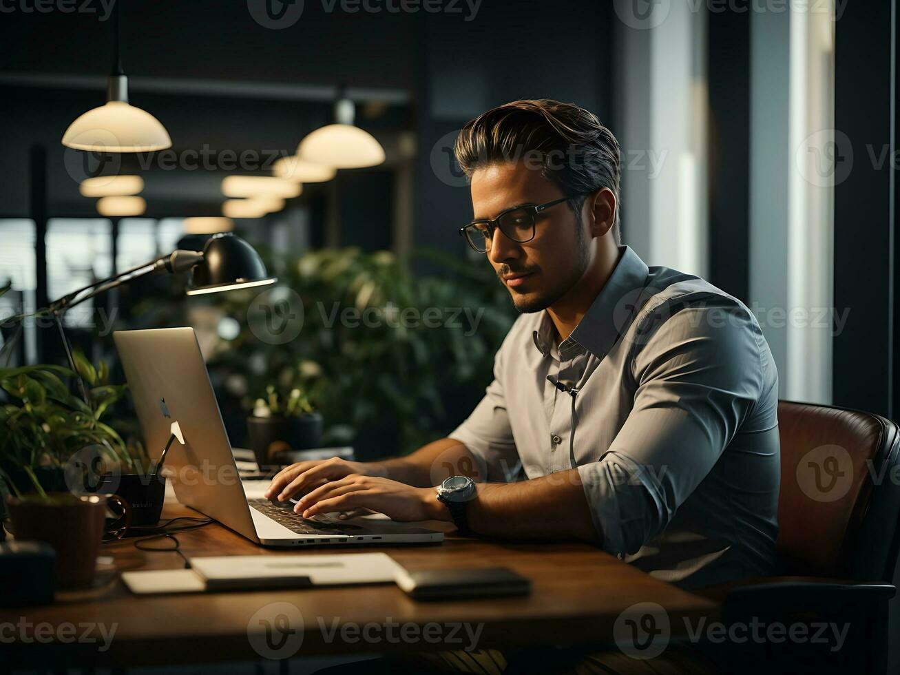 Mature male entrepreneur using laptop and thinking, looking aside while sitting at workplace in office, free space. AI Generative photo
