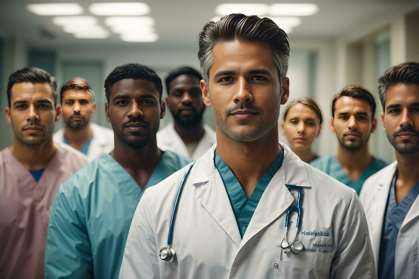 A group of medical staff at hospital handsome doctor. AI Generative photo