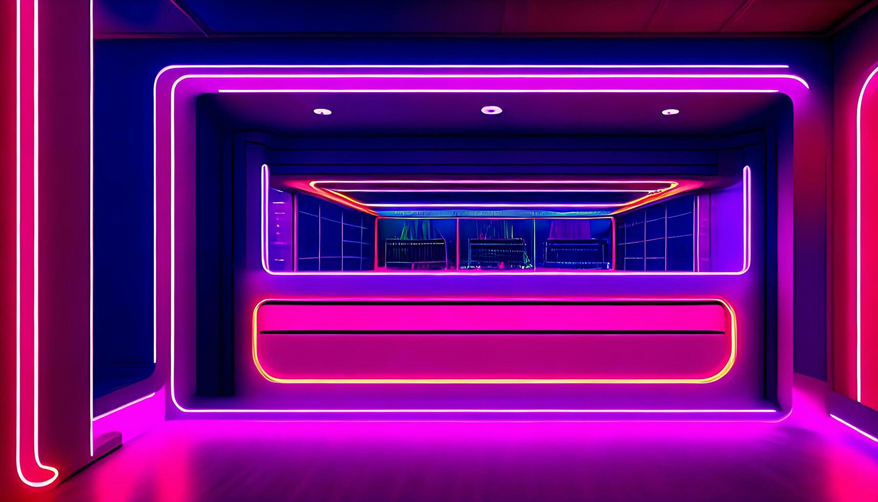 abstract neon background with pink and blue neon lines and reflection on the floor. AI Generative photo