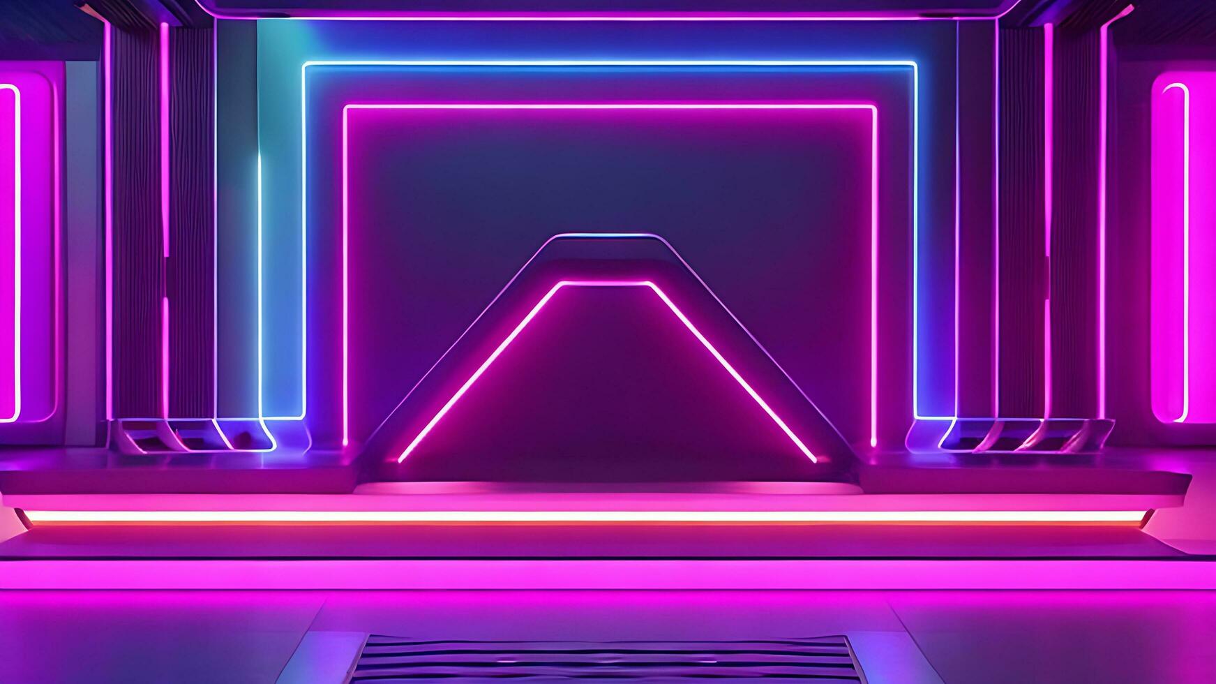 abstract neon background with pink and blue neon lines and reflection on the floor. AI Generative photo