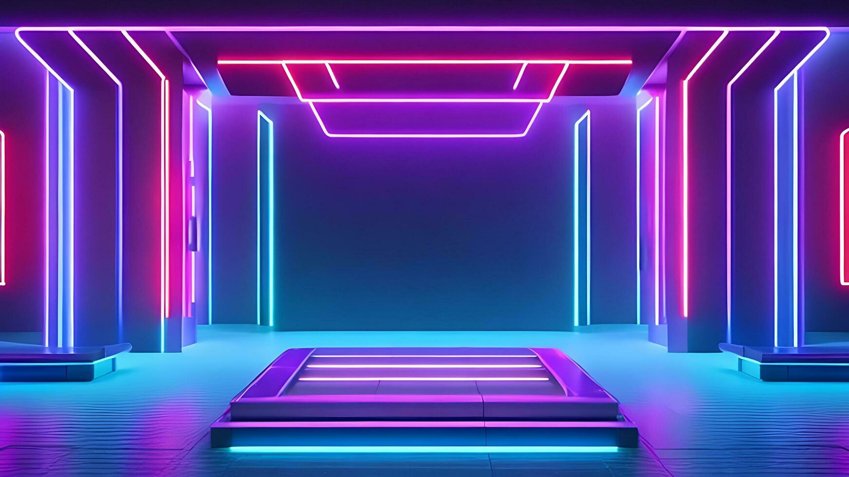 abstract neon background with pink and blue neon lines and reflection on the floor. AI Generative photo