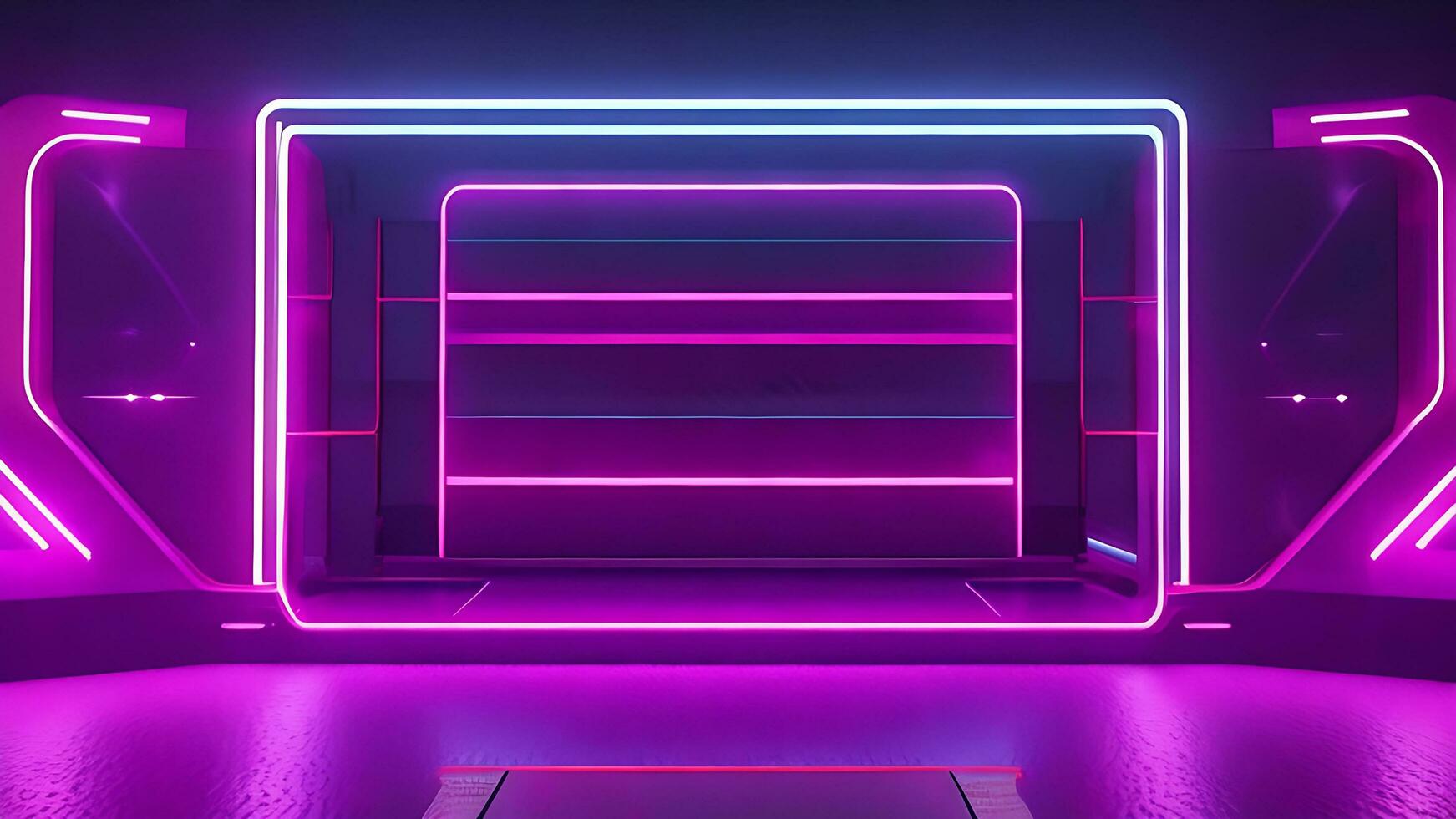 abstract neon background with pink and blue neon lines and reflection on the floor. AI Generative photo