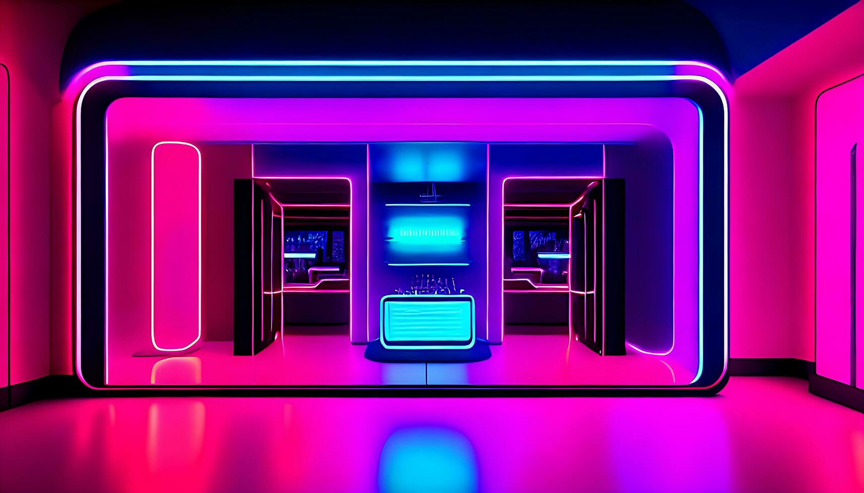 abstract neon background with pink and blue neon lines and reflection on the floor. AI Generative photo