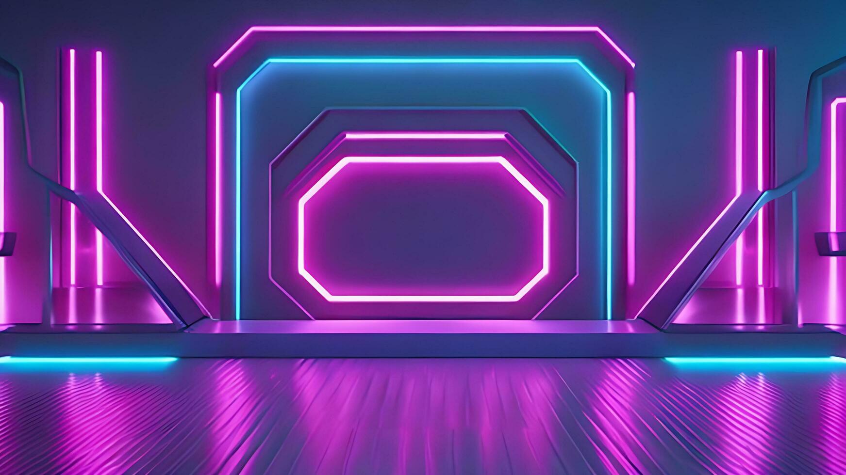 abstract neon background with pink and blue neon lines and reflection on the floor. AI Generative photo