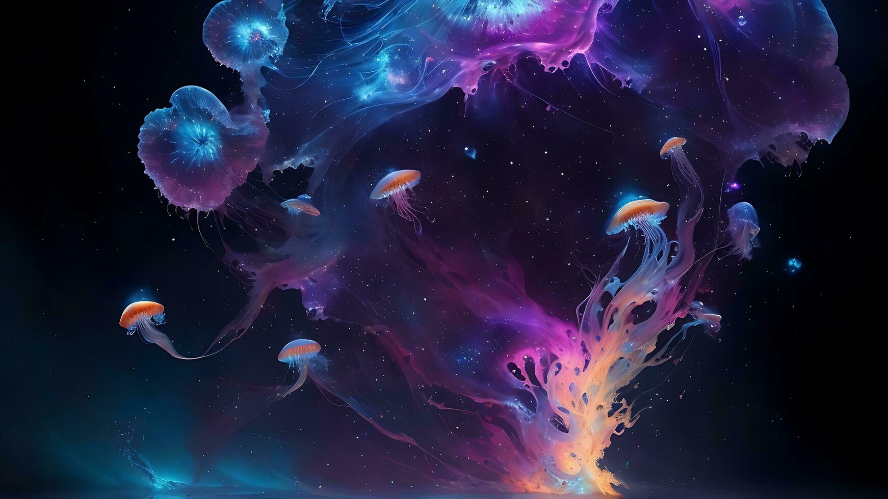 Glowing jellyfish swim deep in blue sea cosmos medusa neon jellyfish fantasy in space cosmos among stars and universe 3d render. AI Generative photo
