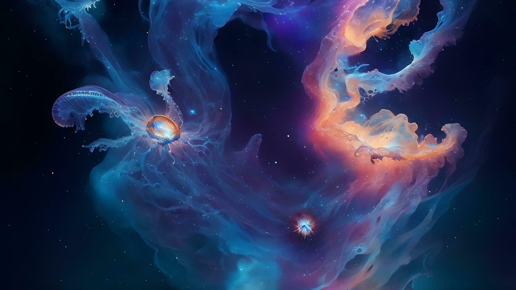 Glowing jellyfish swim deep in blue sea cosmos medusa neon jellyfish fantasy in space cosmos among stars and universe 3d render. AI Generative photo