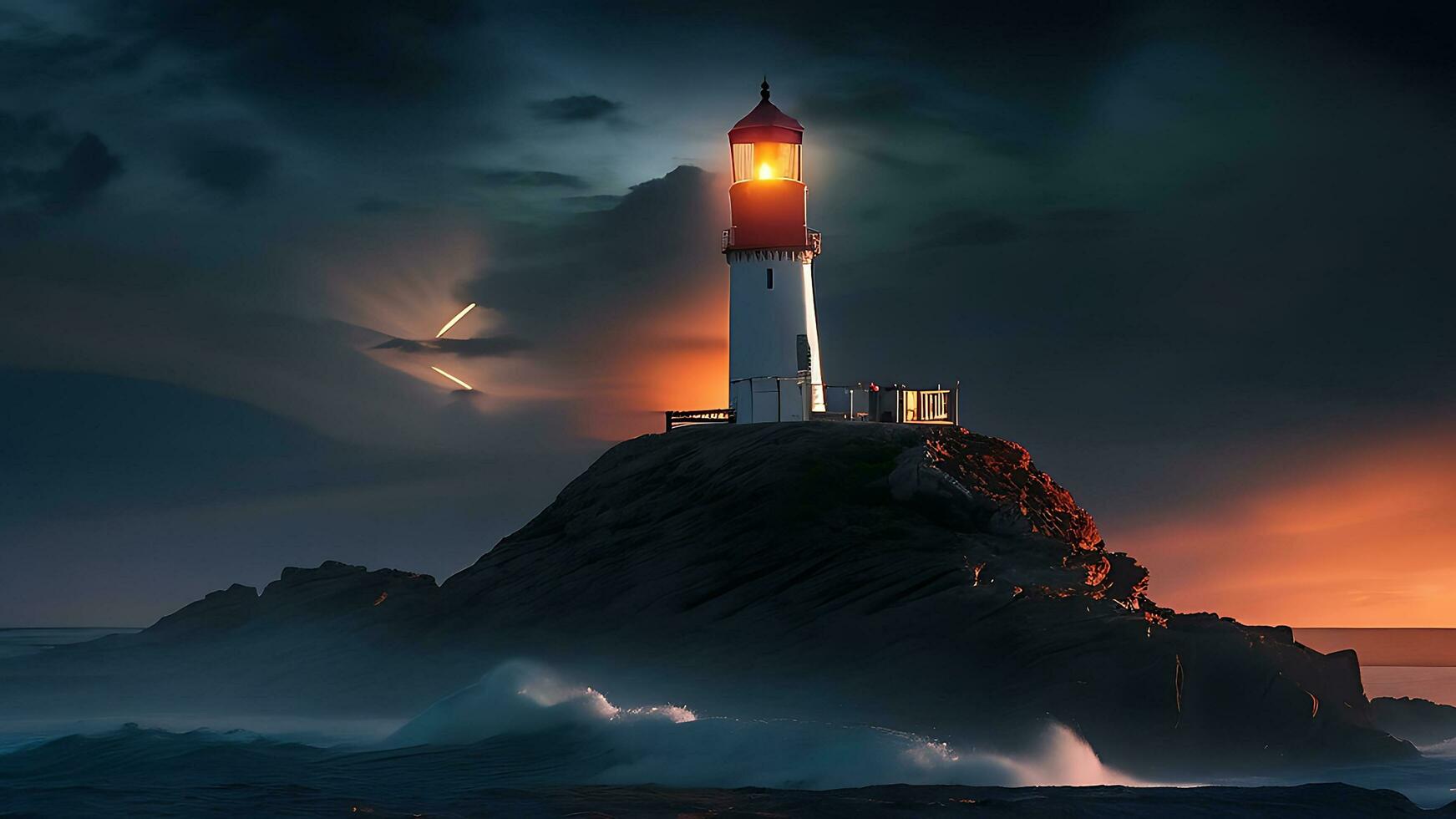 A solitary iron lighthouse stands tall on a rocky stone island. AI Generative photo