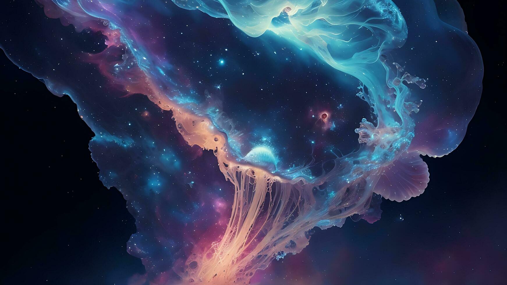 Glowing jellyfish swim deep in blue sea cosmos medusa neon jellyfish fantasy in space cosmos among stars and universe 3d render. AI Generative photo