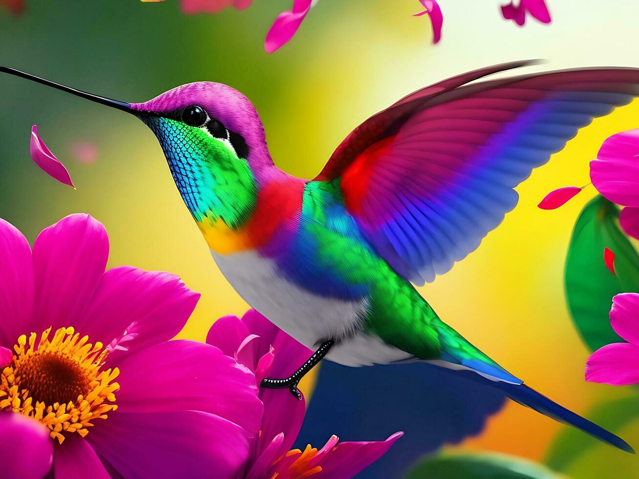 A colorful abstract hummingbird with a colorful background. AI Generative photo