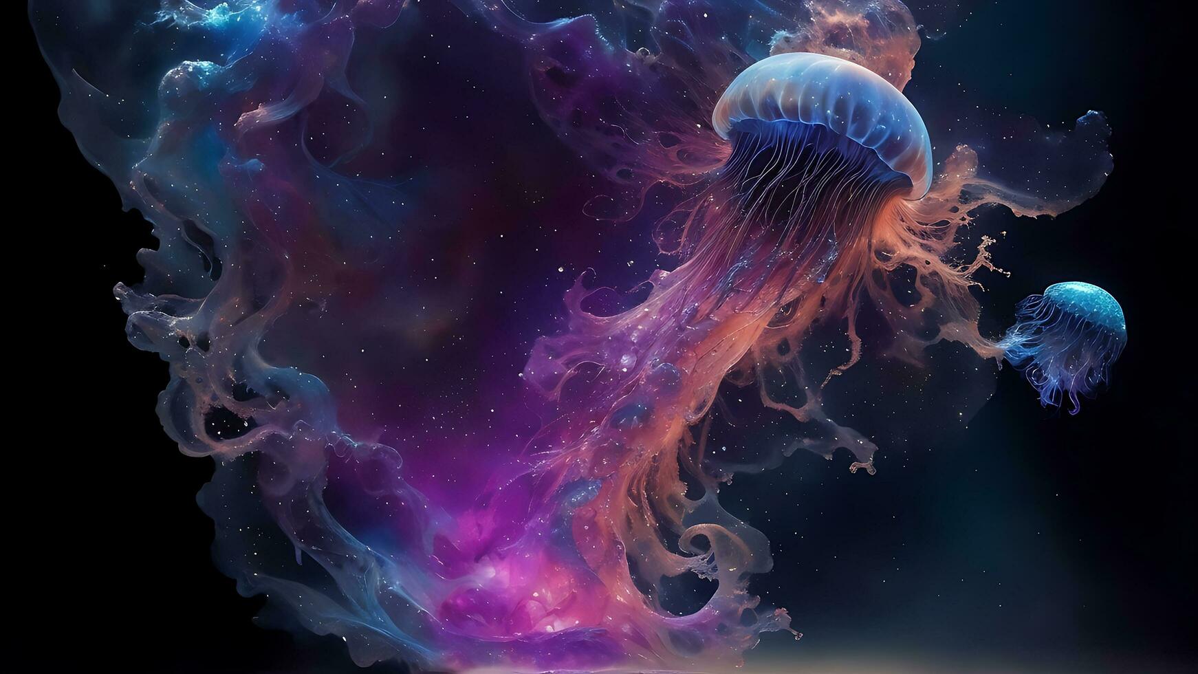 Glowing jellyfish swim deep in blue sea cosmos medusa neon jellyfish fantasy in space cosmos among stars and universe 3d render. AI Generative photo