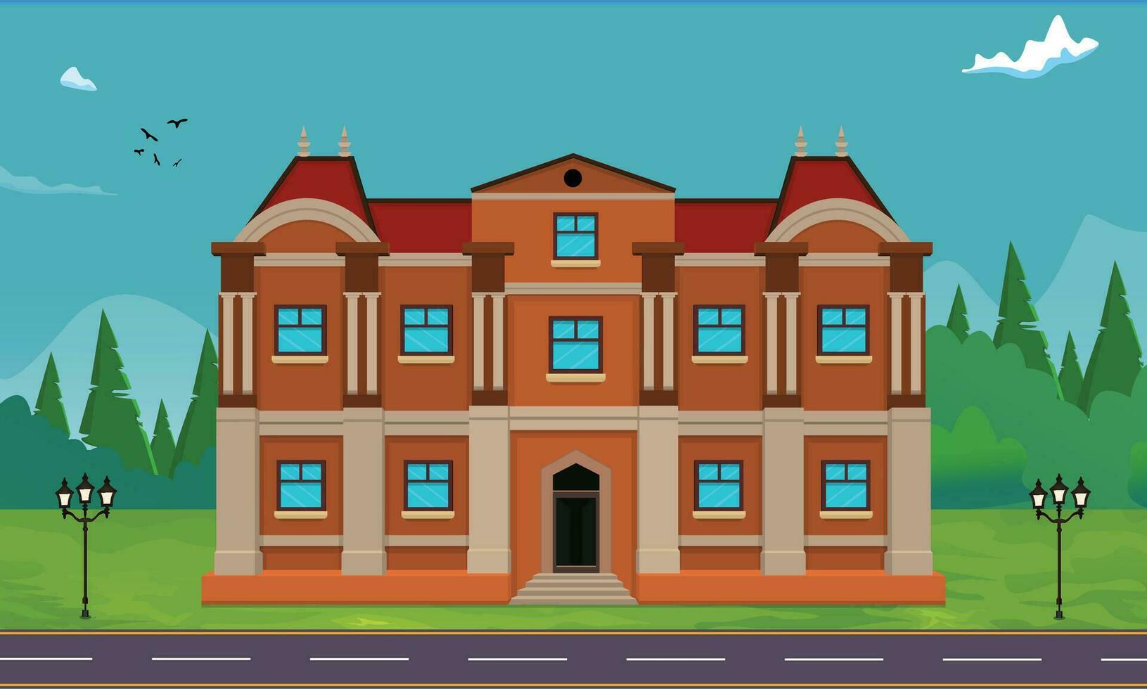 Vector cartoon illustration of the historic old building with road, trees, greenery and field area