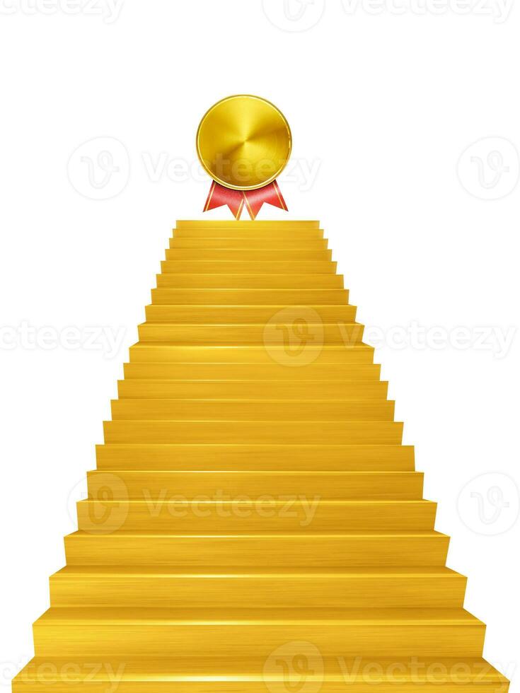 Gold coins at the top of the golden stairs success concept photo