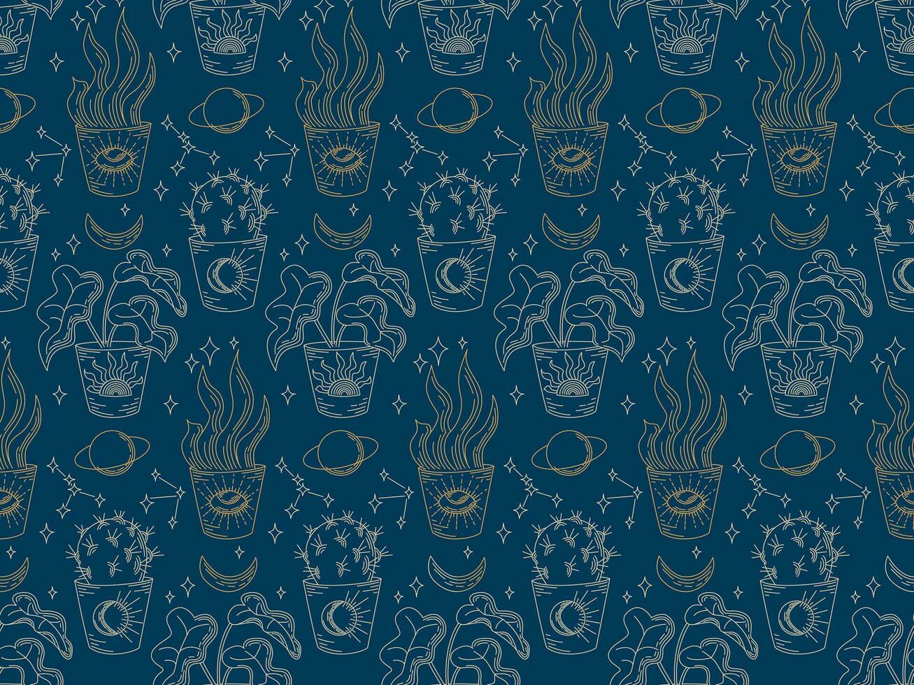 Cosmic mystical flat seamless pattern with home plants. Linear hand drawn esoteric elements on blue background. Good for background, wrapping, textile, background, scrapbooking vector