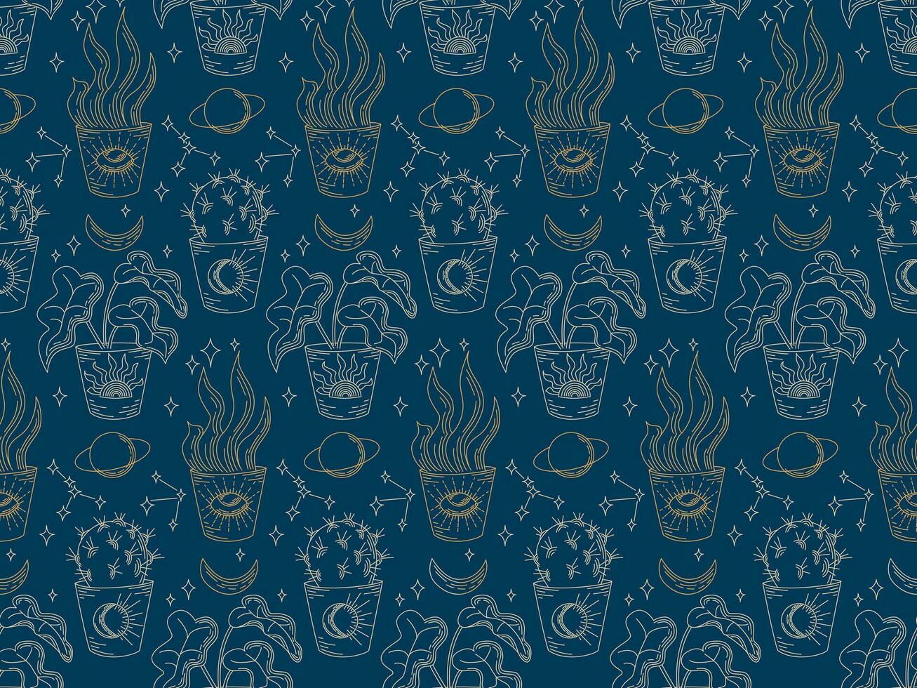 Cosmic mystical flat seamless pattern with home plants. Linear hand drawn esoteric elements on blue background. Good for background, wrapping, textile, background, scrapbooking vector