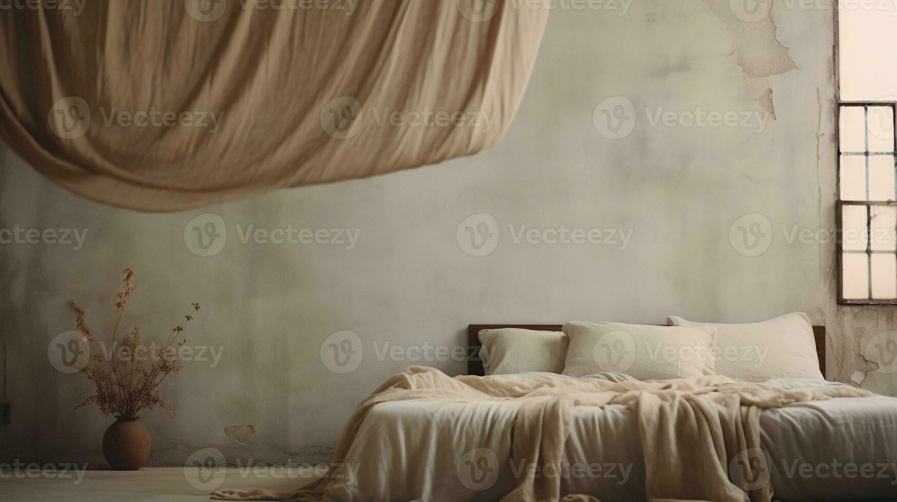 Generative AI, Relaxing bedroom detail of bed with natural linen textured bedding, muted neutral aesthetic colors photo