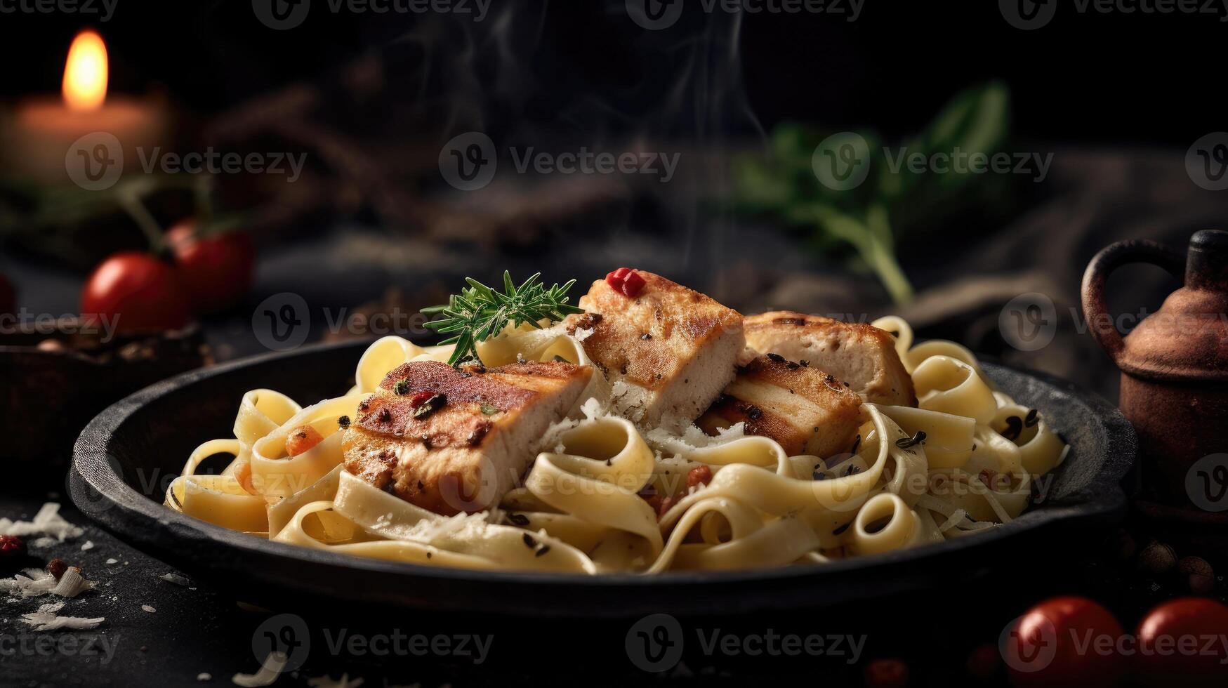 Fettuccine pasta con A la parrilla pollo filete en negro antecedentes. ai generativo foto