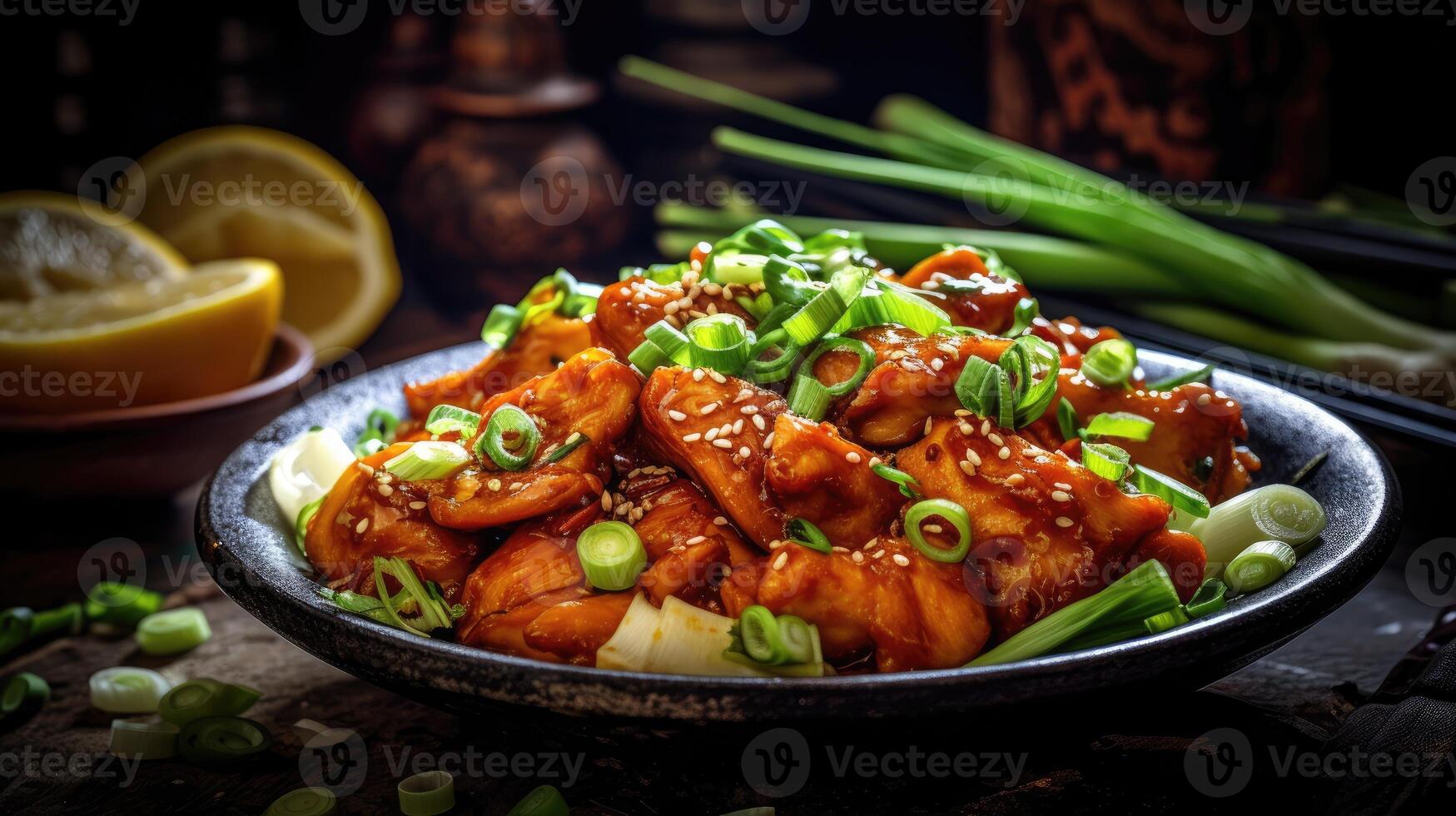 Asian Orange Chicken with Green Onions center of the canve. photo