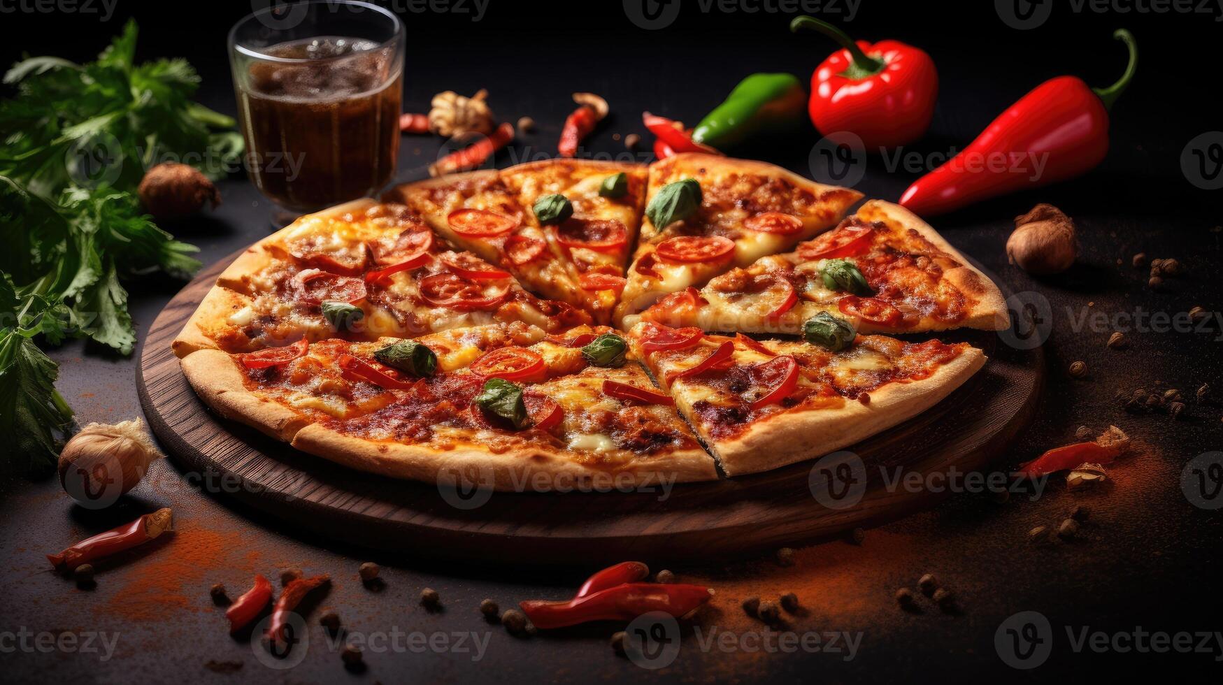 pizza with pepper, tomatoes and other ingredients on a black background. photo