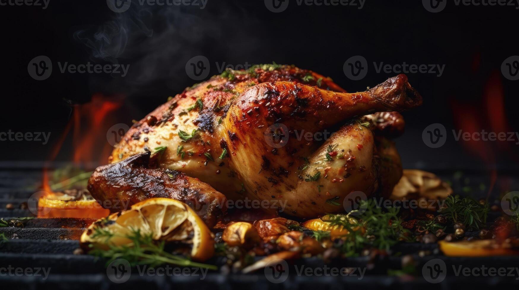 Grilled Chicken Breast Served with Herbs and Lemons. photo