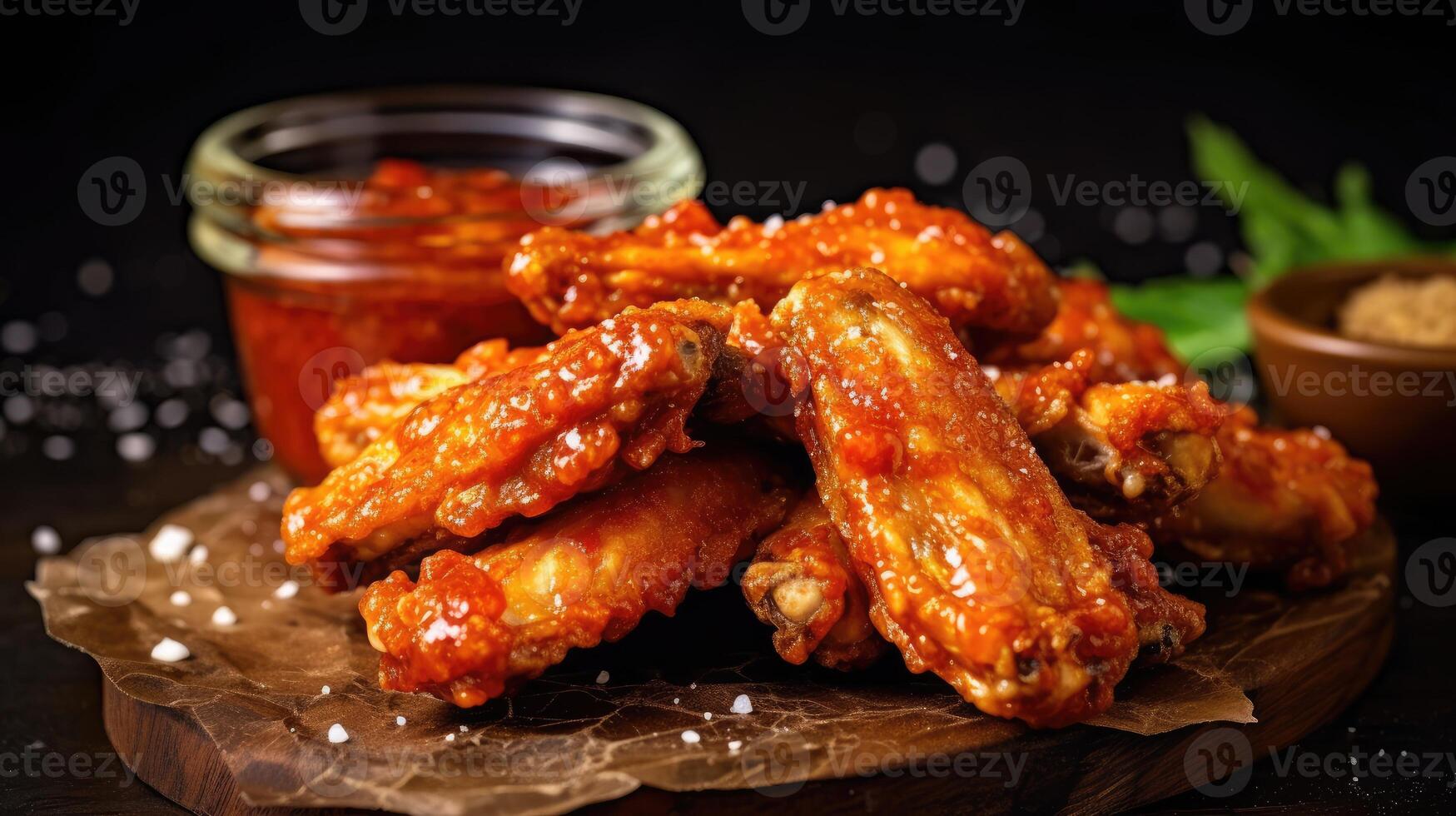 chicken wings with sauce and spices on a wooden board. photo