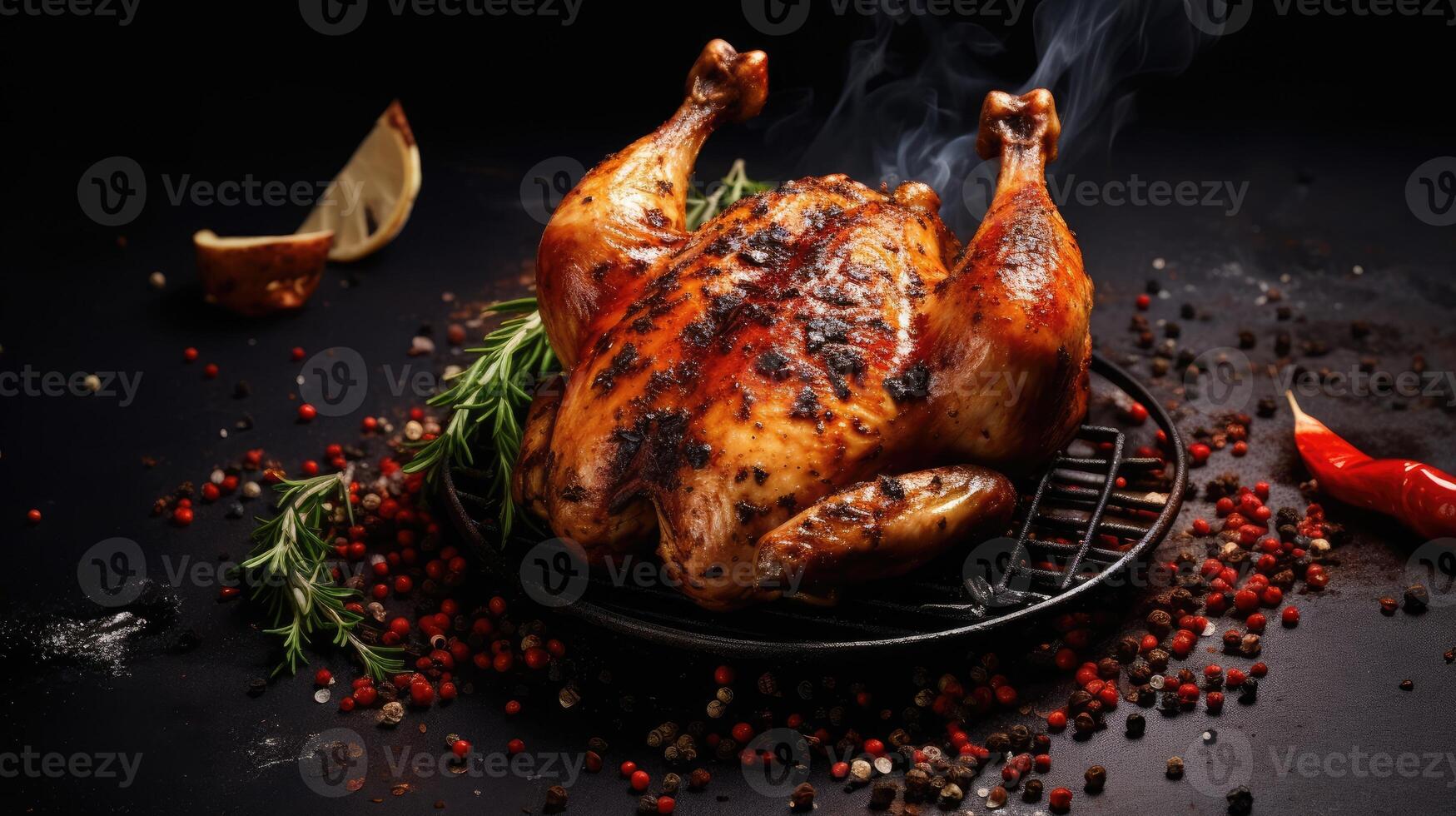 Grilled Chicken Breast Served with Herbs and Lemons. photo