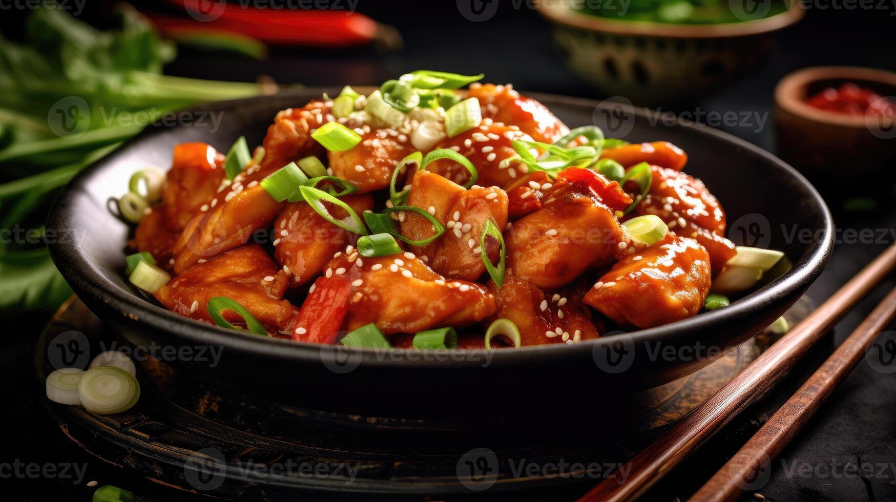 Asian Orange Chicken with Green Onions center of the canve. AI Generative photo