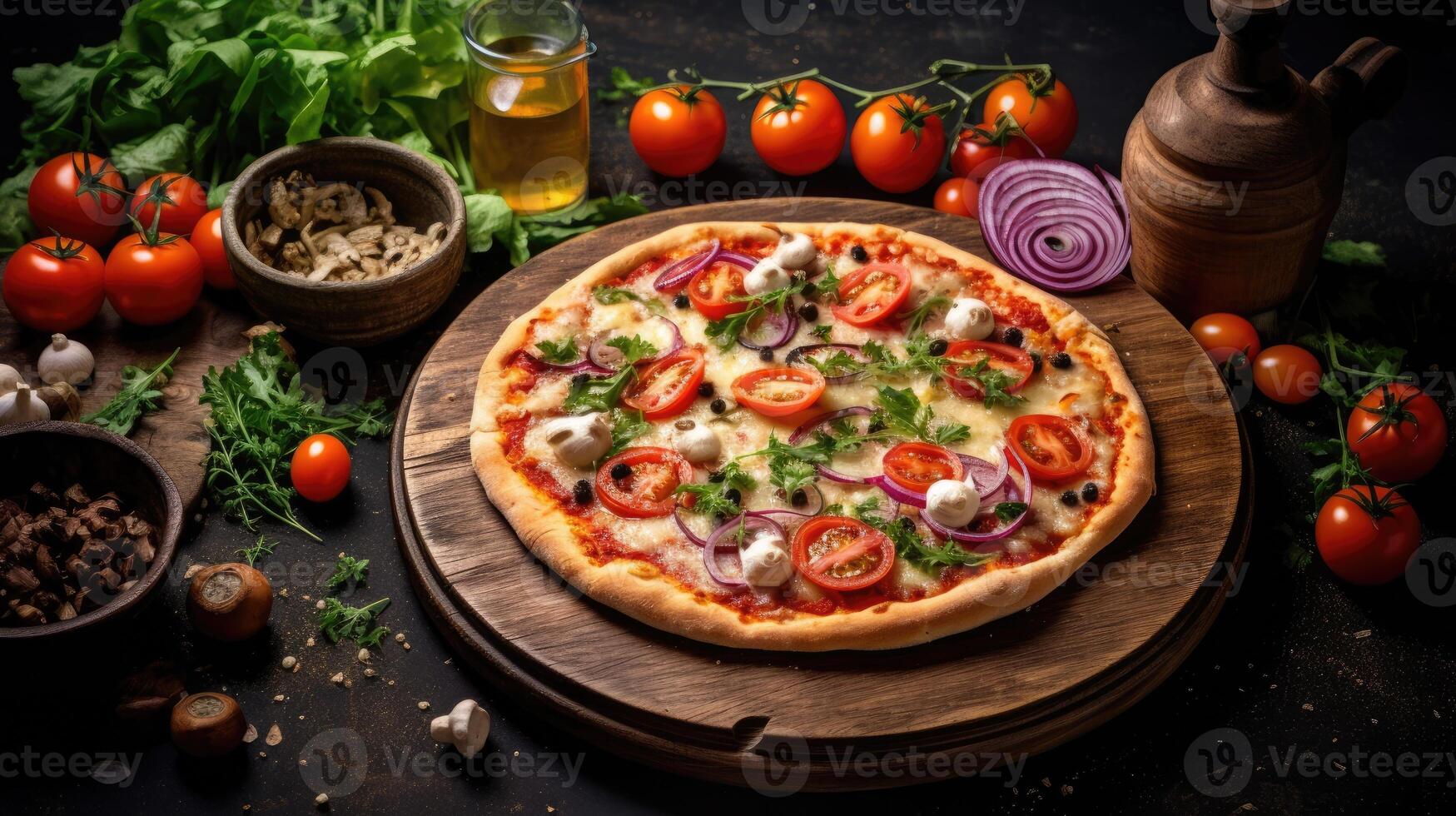 Spiced Pizza Salad Ingredients on Wooden Background. photo