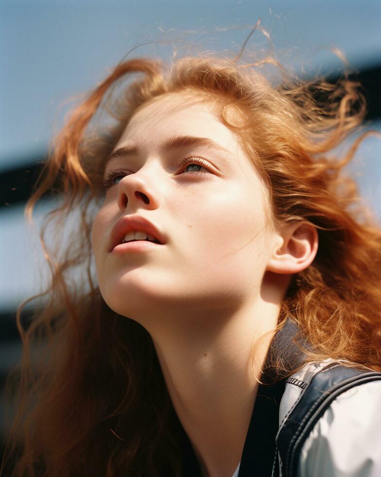 Portrait of young red hair female model looking rays light shadow overlay on her face, calm emotional expression,AI Generated photo
