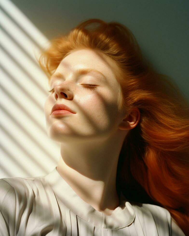 Portrait of young red hair female model looking rays light shadow overlay on her face, calm emotional expression,AI Generated photo