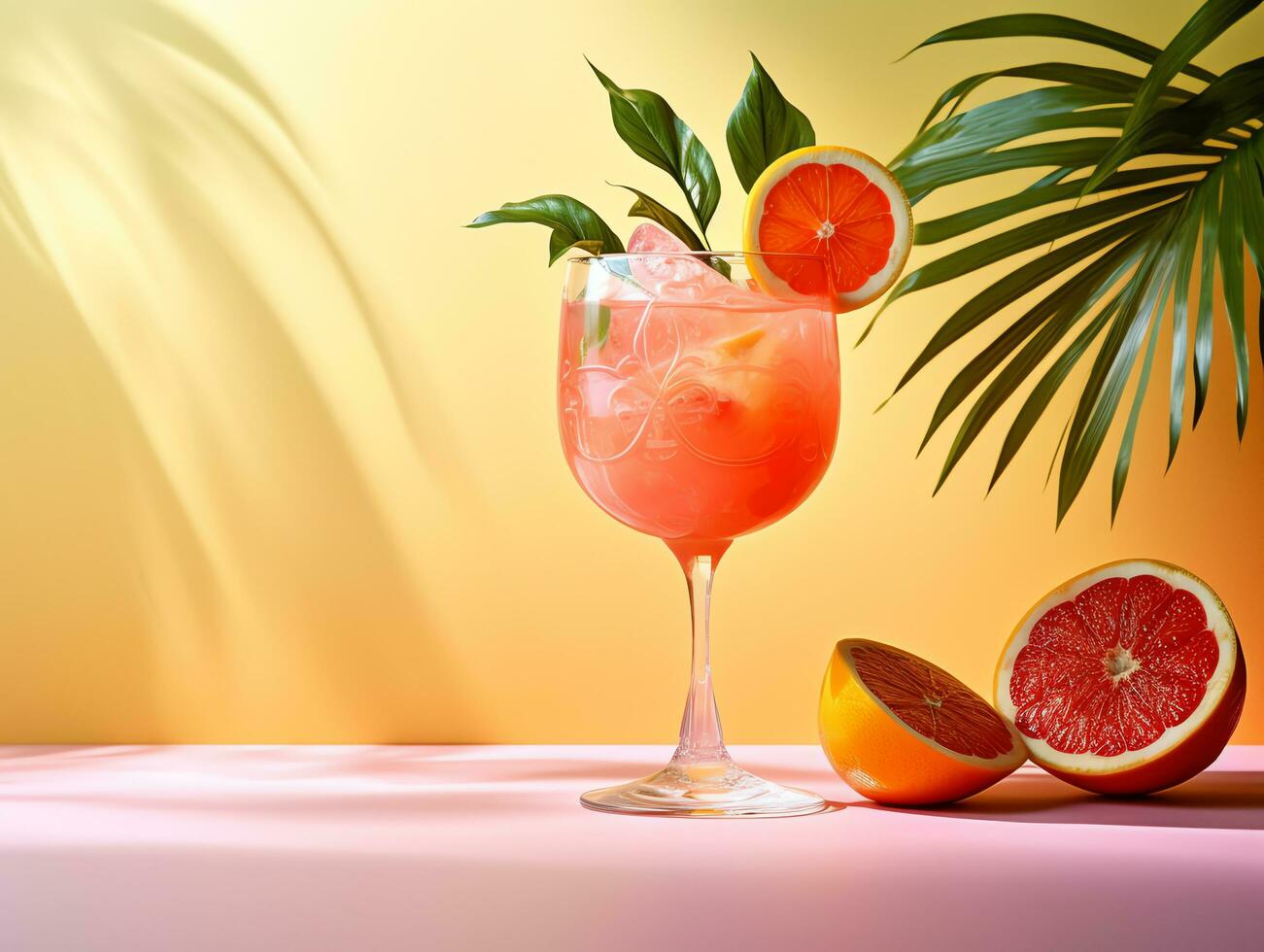 Mocktail with fresh grapefruit in tropical colorful background,AI Generated photo