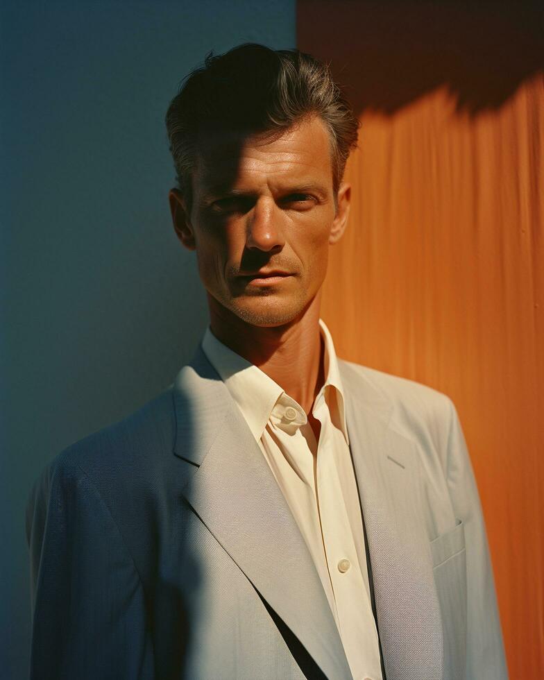 Portrait of adult businessman model in suit with rays light shadow overlay on his face, calm emotional expression,AI Generated photo