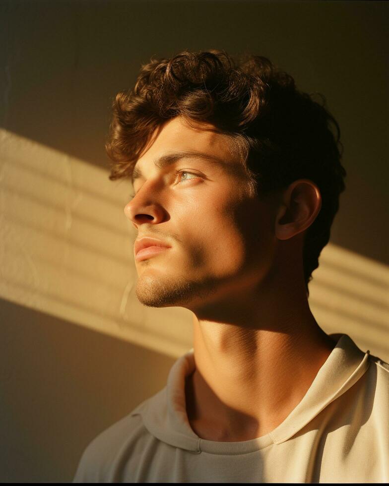 Portrait of young male model looking rays light shadow overlay on his face, calm relax emotional expression,AI Generated photo